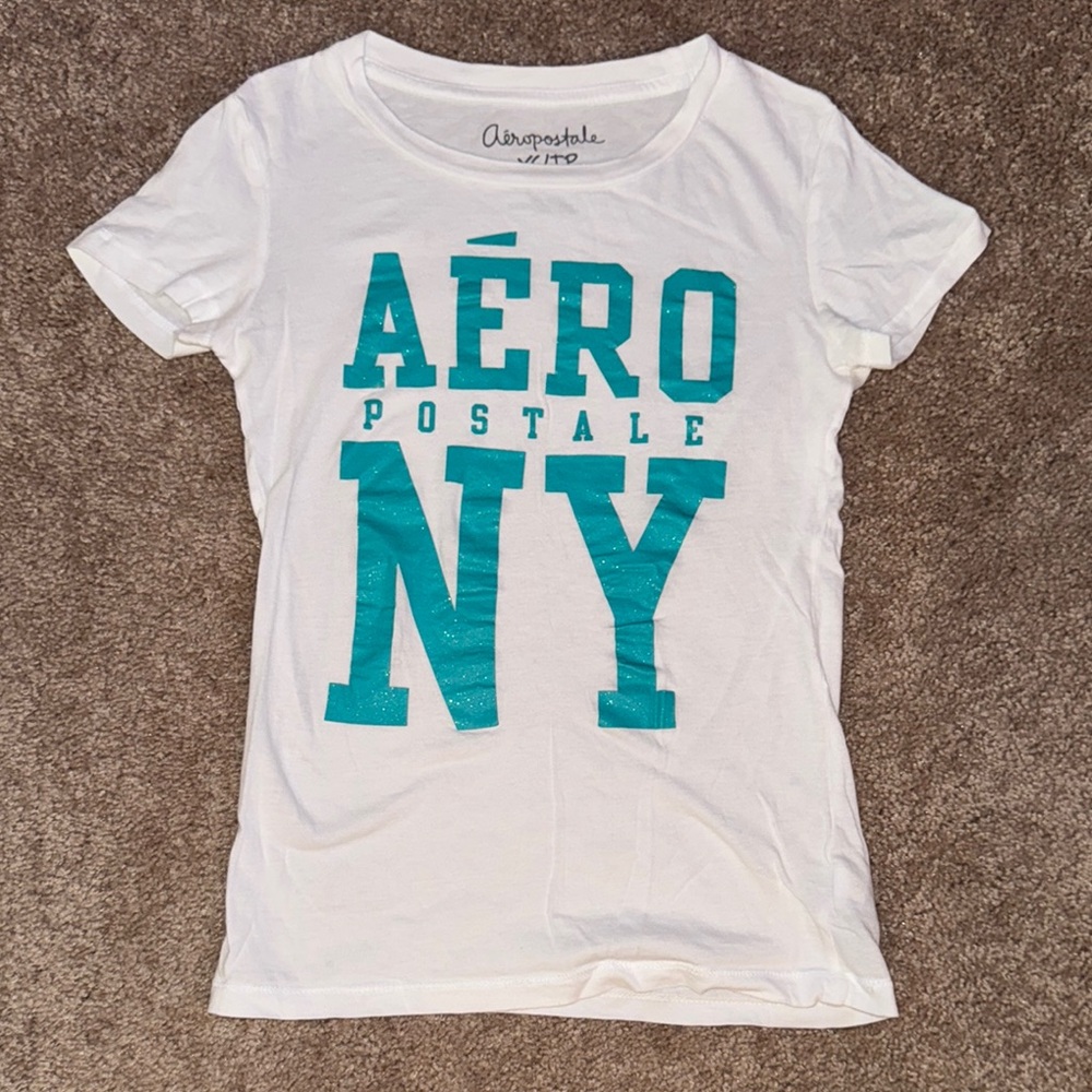 Aeropostale White and Teal Graphic Tee